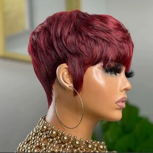 180 Density 99J Burgundy Wigs 100% Brazilian Remy Human Hair Wig Short Pixie